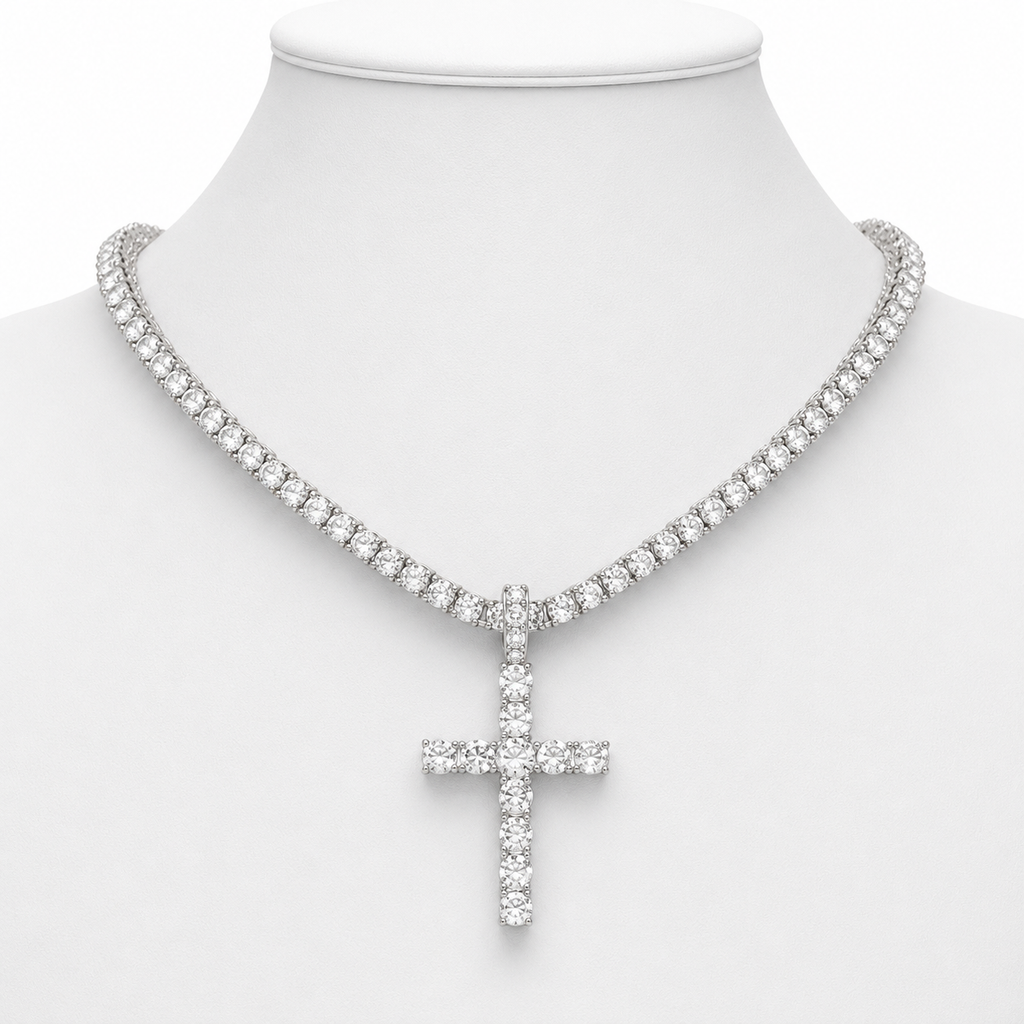 Iced Cross & Ankh Necklace – 4mm Tennis or Rope Chain