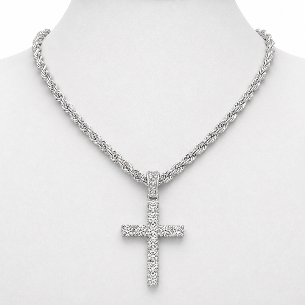 Iced Cross & Ankh Necklace – 4mm Tennis or Rope Chain