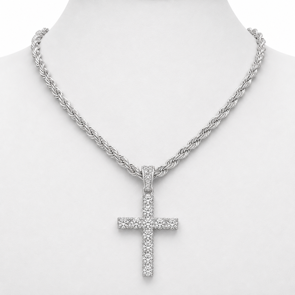 Iced Cross & Ankh Necklace – 4mm Tennis or Rope Chain