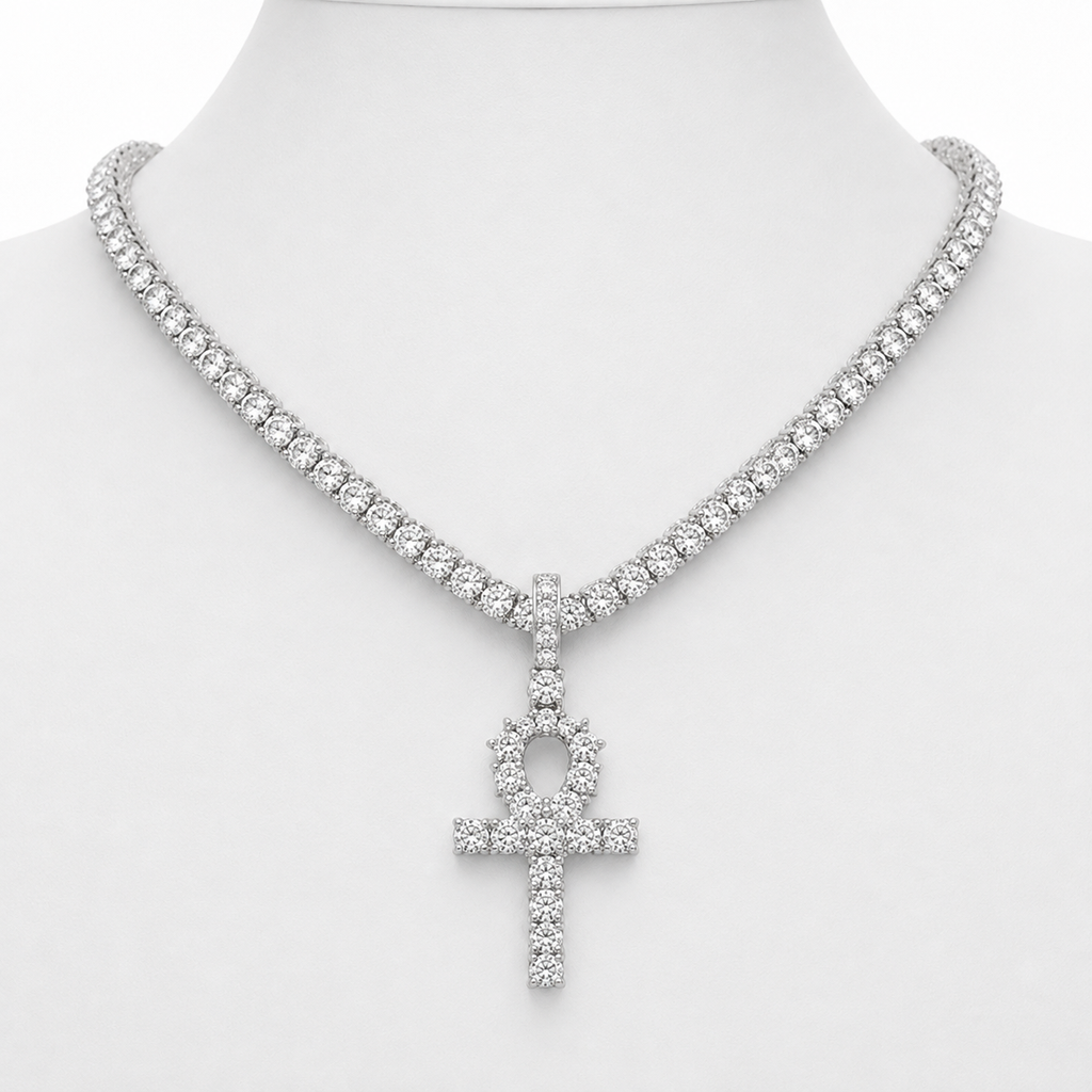 Iced Cross & Ankh Necklace – 4mm Tennis or Rope Chain