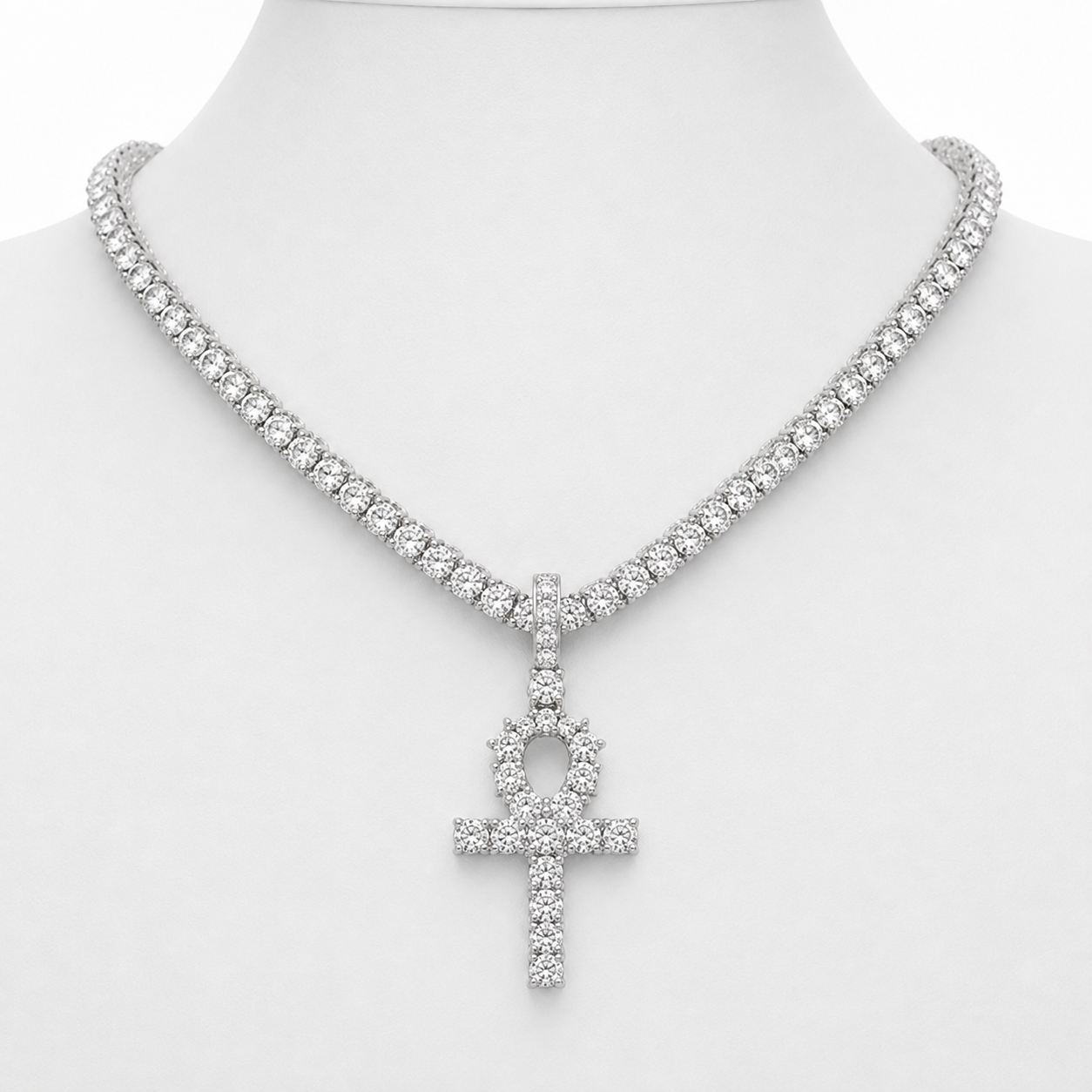 Iced Cross & Ankh Necklace – 4mm Tennis or Rope Chain