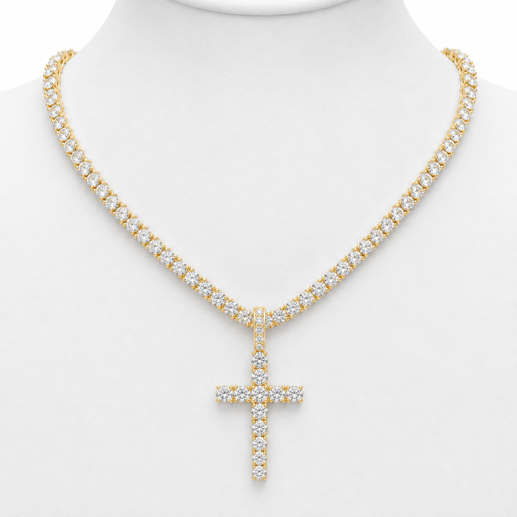 Iced Cross & Ankh Necklace – 4mm Tennis or Rope Chain