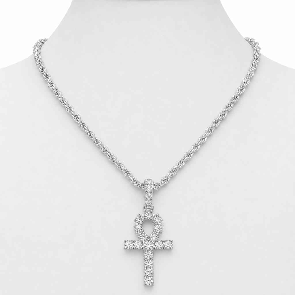 Iced Cross & Ankh Necklace – 4mm Tennis or Rope Chain