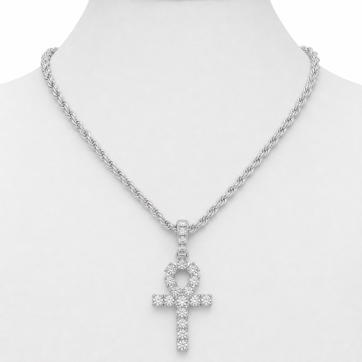 Iced Cross & Ankh Necklace – 4mm Tennis or Rope Chain