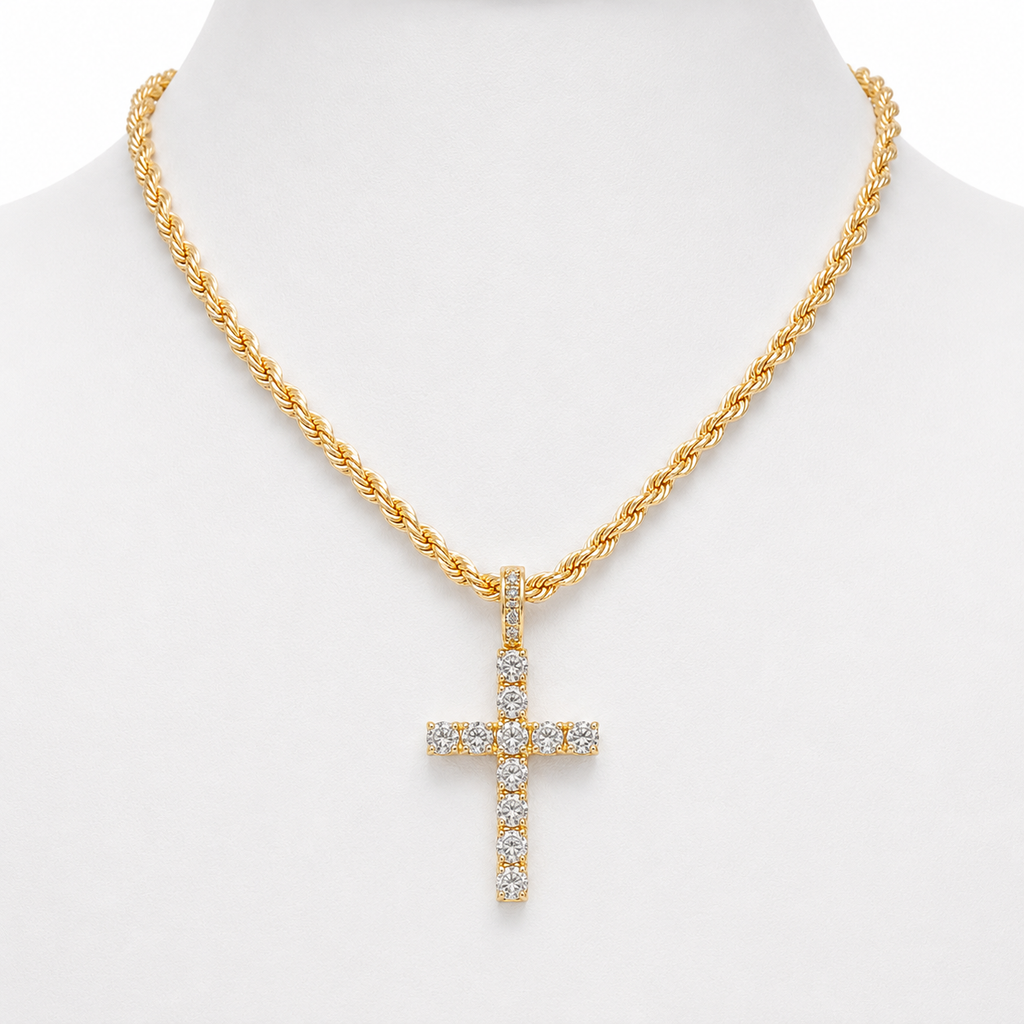 Iced Cross & Ankh Necklace – 4mm Tennis or Rope Chain