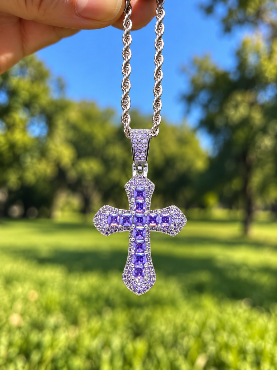 Divine Cross Iced Pendant - Purple