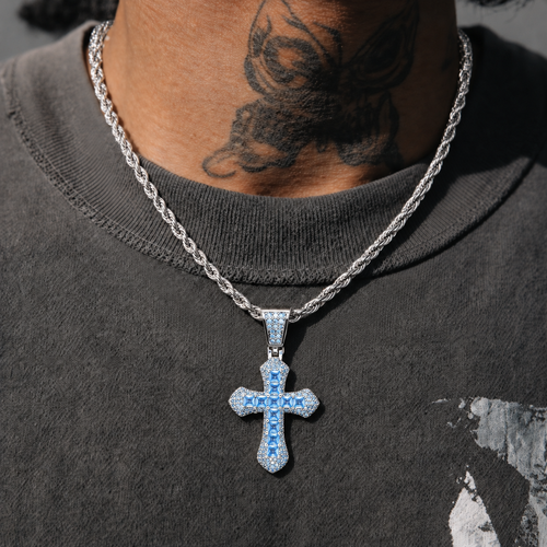 Divine Cross Iced Pendant - Blue