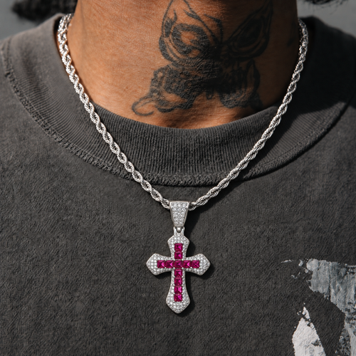 Divine Cross Iced Pendant - Pink