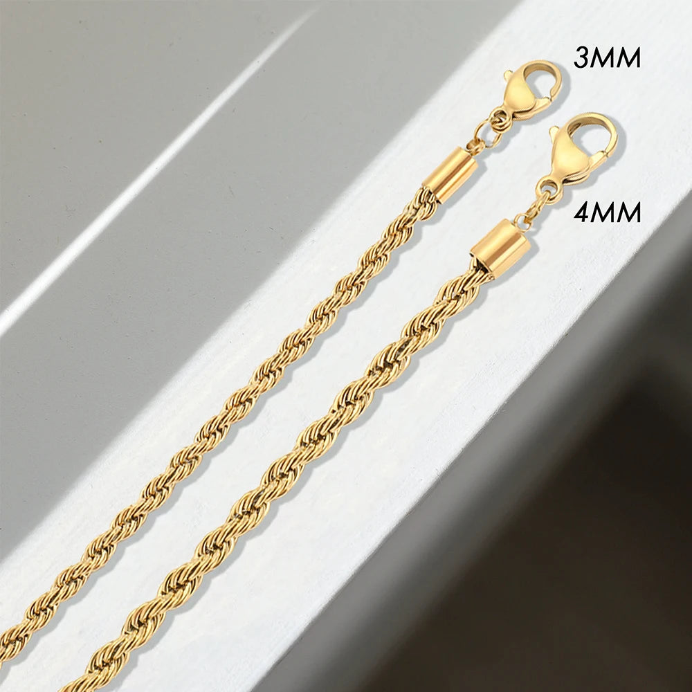 Stainless Steel Rope Chain Necklace For Women Men 14K Gold Plated Waterproof Adjustable Length 3Mm 4Mm Twisted Chain Jewelry