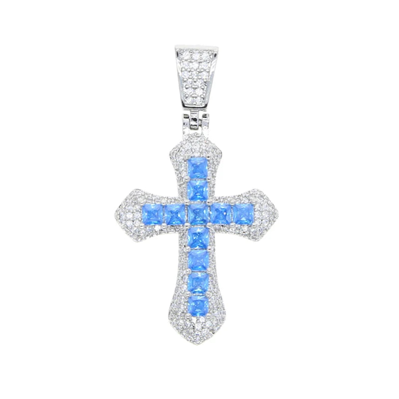 Divine Cross Iced Pendant - Blue