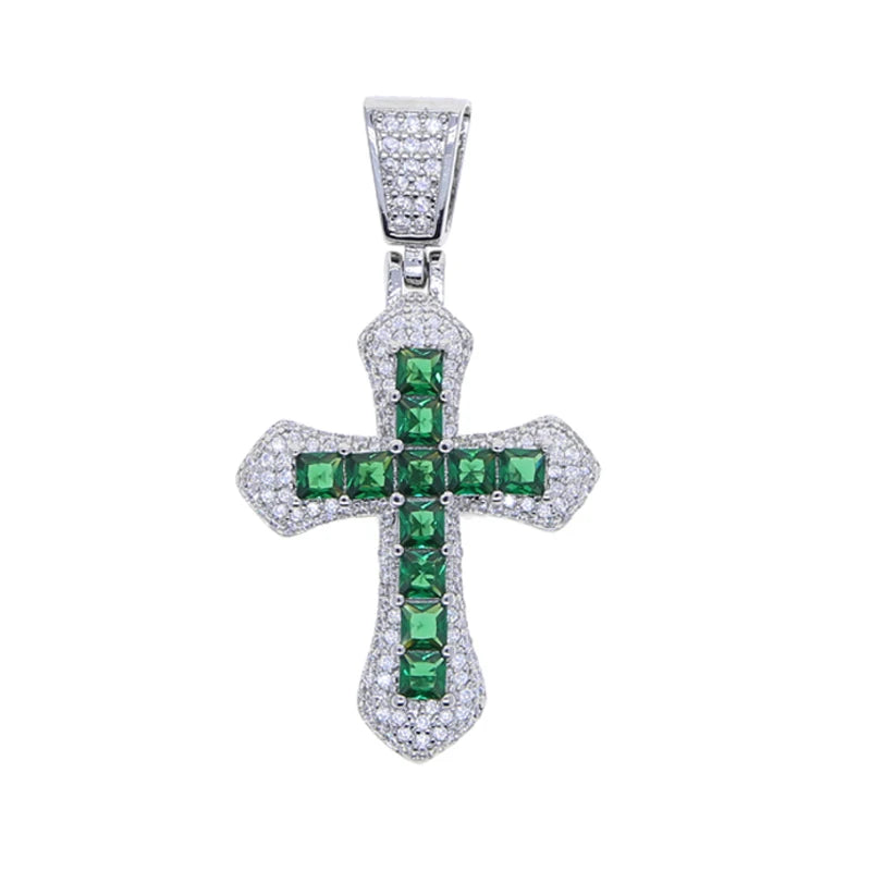 Divine Cross Iced Pendant - Green