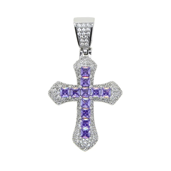 Divine Cross Iced Pendant - Silver Purple