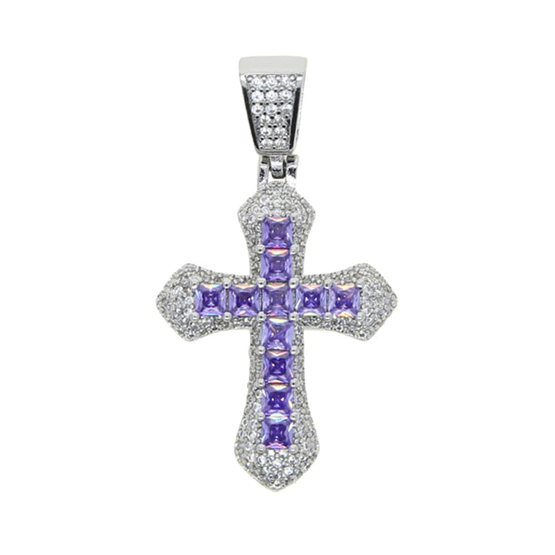 Divine Cross Iced Pendant - Silver Purple